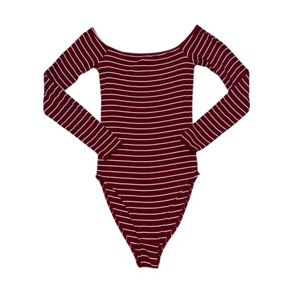 Hollister Ribbed Maroon & White Striped Off Shoulder Long Sleeve Bodysuit